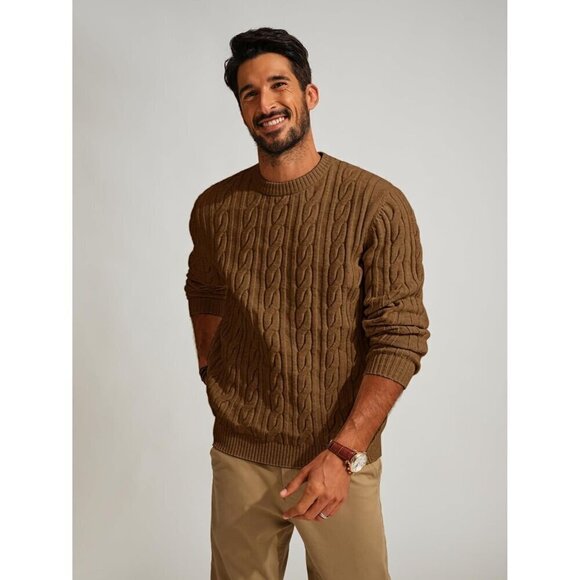 Mens Brown Crewneck Cable Knit Pullover Sweater Casual Twist - Picture 1 of 7